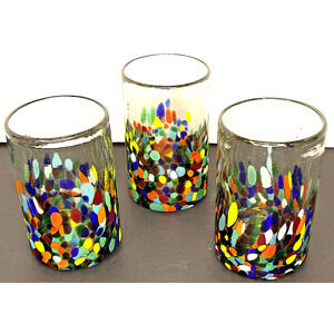 3 Granata Confetti Highball Glasses Handblown in Mexico, Vibrant Art Glass Cups